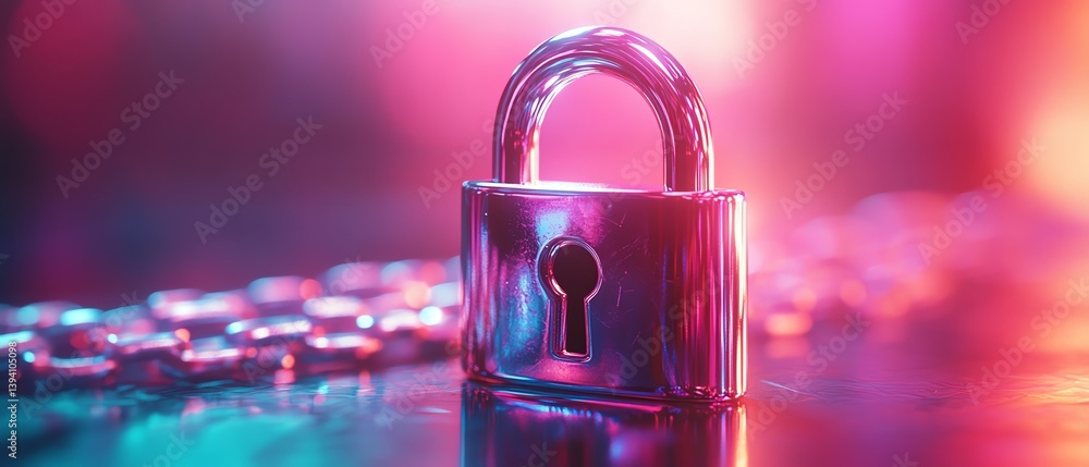 Poster hightech shimmering padlock, symbol of blockchain encryption, tranquil chromatic gradient background