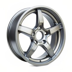 Silver Alloy Wheel with 5 Spokes, White Background, Car Part, Automotive, Rim, Alloy, Wheel