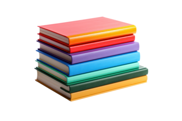 A stack of colorful books with worn edges and slightly curved spines, Isolated on white background