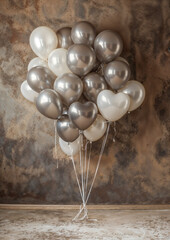 Rustic Romance Backdrop: Metallic & White Balloon Cluster on Textured Wall Backdrop
