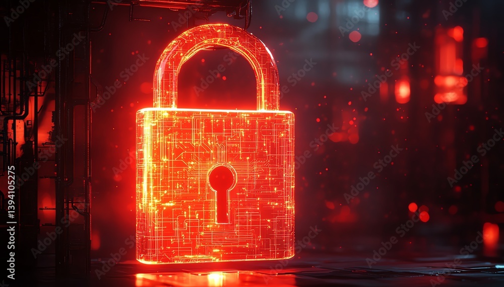Poster padlock with a glowing circuit board pattern, digital protection, data privacy, and network security