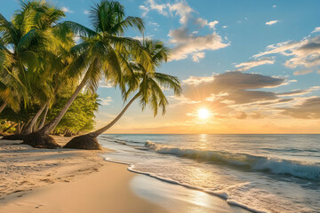 Tropical sunset over a serene beach with swaying palm trees.