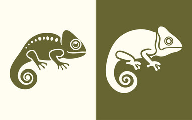 Chameleon icon. Reptile lizard silhouette illustration in green and white color versions.