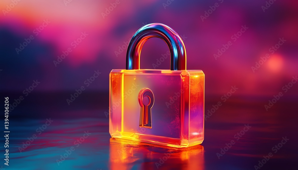 Poster shimmering padlock glowing with blockchain energy, 3d security symbol on tranquil chromatic backgrou