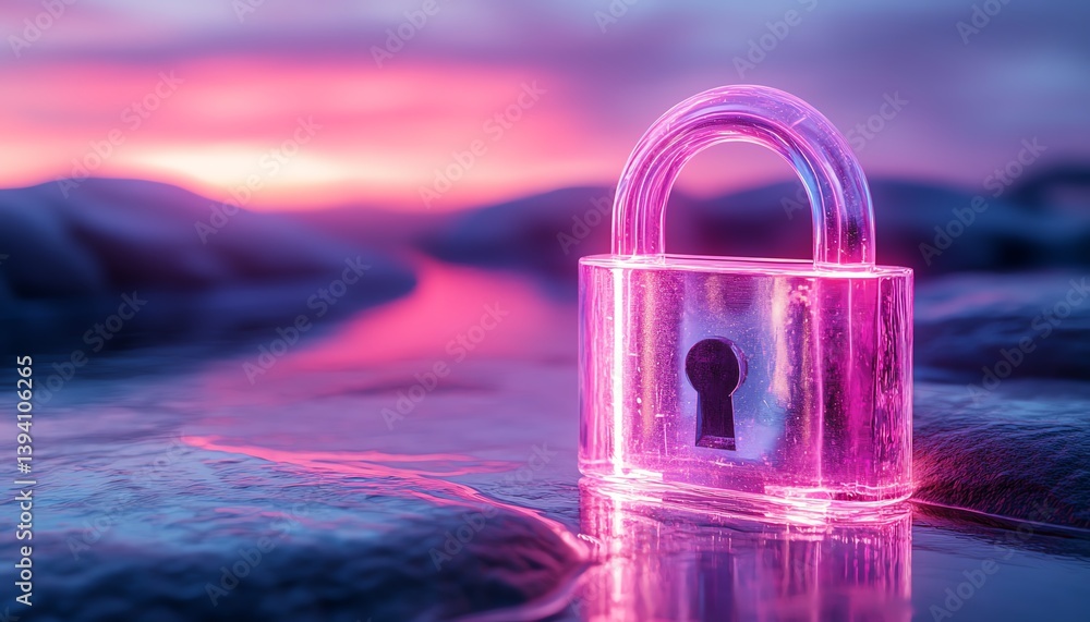 Poster shimmering padlock glowing with blockchain energy, 3d security symbol on tranquil chromatic backgrou