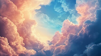 A mesmerizing view of fluffy clouds filling the sky with soft pastel shades and a bright opening above