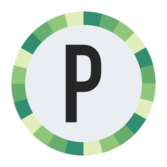 GRADIENT GREEN AND CREAM CIRCLE WITH PROMINENT OLIVE GREEN CAPITAL LETTER “P” IN THE CENTER ON A DARK BLACK BACKGROUND.