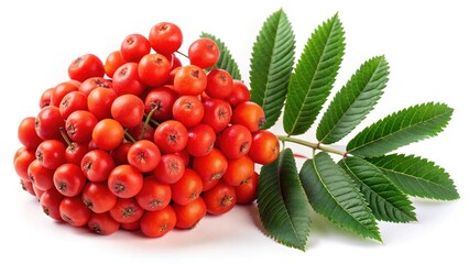 A cluster of vibrant red rowan berries with fresh green leaves on a white background