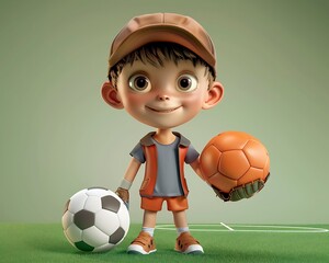 Adorable Cartoon Boy Soccer Player Holding Two Balls on a Green Field