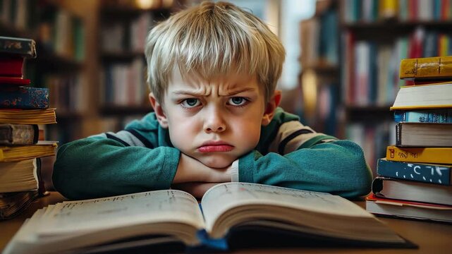Frustrated child at table overwhelmed by books and tired of home study, Angry kid at table, encircled by books, tired of homework, domestic backdrop