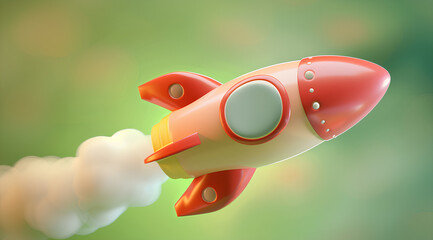 3D render of a rocket taking off, set against a yellow and green background, in a minimalistic style with a simple design. The rocket features cute