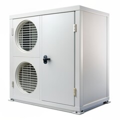 Fototapeta premium White Outdoor Air Conditioner Unit with Two Round Grills and a Door, HVAC, Ventilation, Cooling System, Energy Efficiency