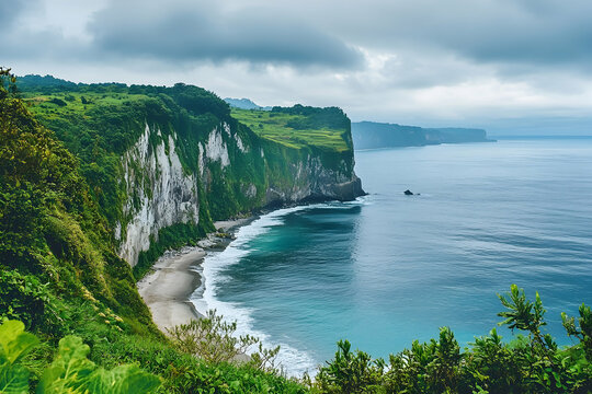Lush green cliffs meet a tranquil turquoise sea at a secluded beach.