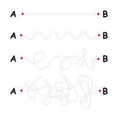 Path from A to B. straight and tangled lines. easy to hard tracing lines for kids education. hand drawn dash path lines. simple way from point A to B