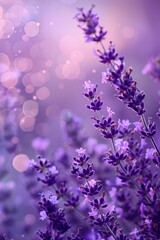 Fototapeta premium Vibrant lavender blossoms in full summer bloom with soft bokeh background. Purple summer background. Bokeh effect. Vertical banner. Copy space