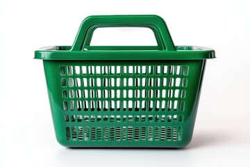 Fototapeta premium Side view of green plastic shopping basket isolated on white background