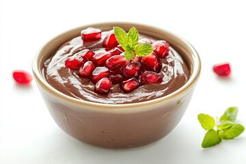 Chocolate dessert topped with pomegranate seeds and mint leaves