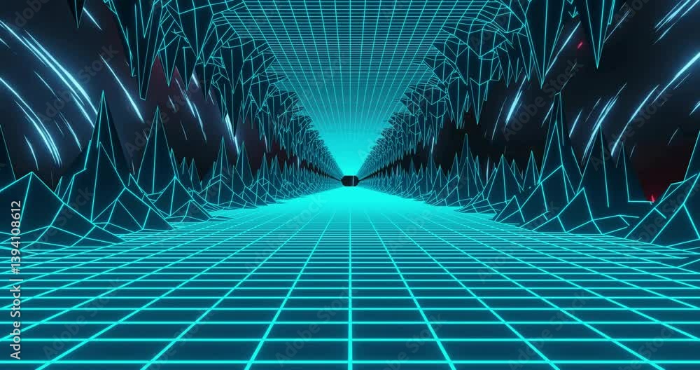 Poster animation of futuristic digital tunnel with glowing grid and geometric patterns