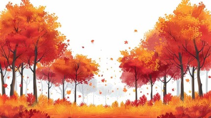 A vibrant autumn landscape with colorful trees and falling leaves.