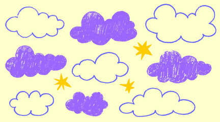 Crayon cloud texture with purple sky and star. Crayon kid scribble naive design. Purple cloud with chalk texture. Vector illustration