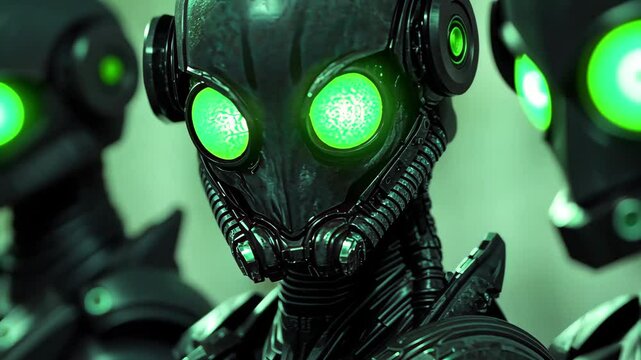 Alien clone soldiers with green glowing eyes ready for combat in a futuristic setting, Alien clone soldiers green glowing eyes