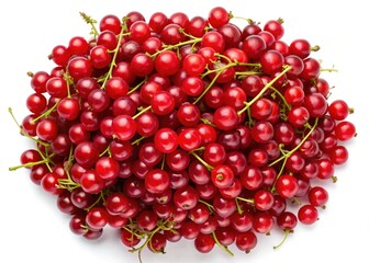 A large pile of ripe red currants on a white background showing their vibrant color and natural stems
