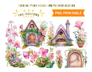 Vintage fairy house and flowers clipart illustration