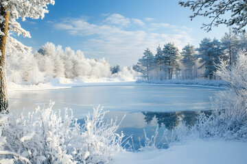 A serene winter landscape with a frozen lake and frosted trees.