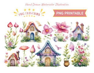 Watercolor fairy house and flowers clipart illustration