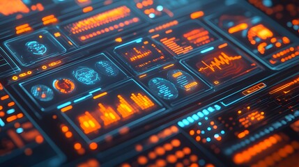 Obraz premium A digital display showcasing information using orange and blue colors