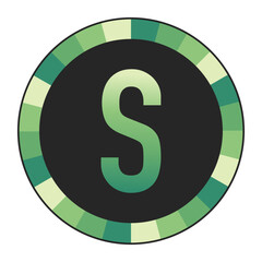 Graphic Image of a Circle with Lime Green, Emerald Green, and Off-White Gradients Featuring a Prominent Dark Green Capital Letter “S” on a Solid Black Background, enclosed in a black frame.