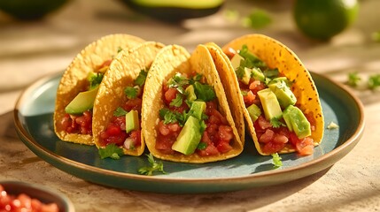 Four loaded tacos are arranged on a ceramic plate ready to eat