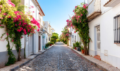 Fototapeta premium A beautiful cobblestone street in a small town, Generative AI