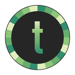 Obraz premium Graphic Image of a Circle with Lime Green, Emerald Green, and Off-White Gradients Featuring a Prominent Dark Green lowercase Letter “t” on a Solid Black Background, enclosed in a black frame.