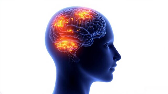 human head with brain. Head, brain lit up, neural connections, head tissues moving.