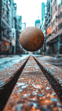 A surreal rusty sphere floats mysteriously above a weathered urban street between two rusty parallel tracks in a city background.