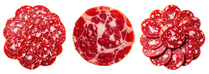 Salami slices of different views, three types of round meat pieces on a transparent background