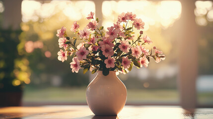 A lovely bouquet of delicate pink flowers sits in a simple white vase on a wooden table bathed in warm golden sunlight streaming through a window.