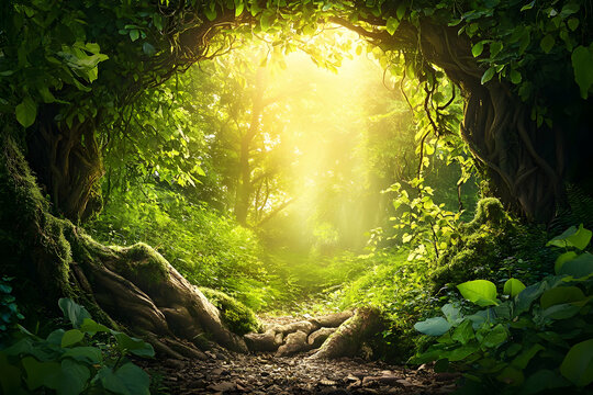 A sun-drenched forest path, bathed in golden light, reveals a mystical, verdant canopy.