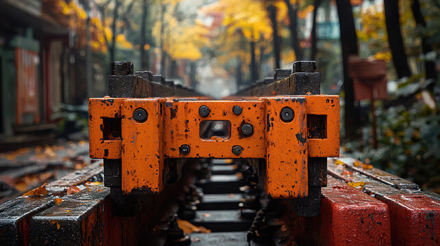 A close-up view of rusty orange metal railway track components in a weathered autumnal setting with blurred background of trees and buildings.