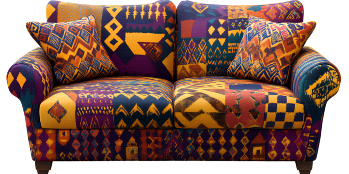 A sofa with colorful geometric patterns on the fabric, transparent background PNG - Powered by Adobe
