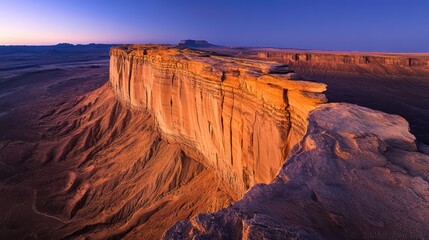 A majestic sandstone monolith glowing under the warm glow of twilight, deep fissures and erosion patterns visible in high detail,