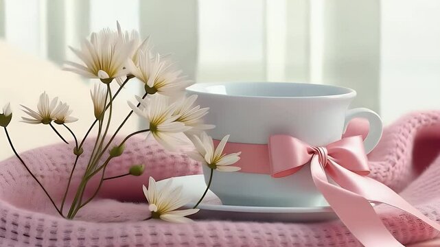 Pastel flat lay with pink ribbon tied around a white teacup, eustoma flowers, and cozy knitted scarf, symbolizing warmth, comfort, and support in breast cancer awareness efforts.