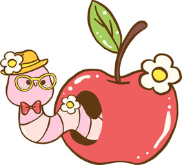 Cute Nerd Worm in Apple Cartoon Hand Drawn