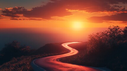 Winding road leading to a bright sunset over the horizon with trees and clouds in the sky view