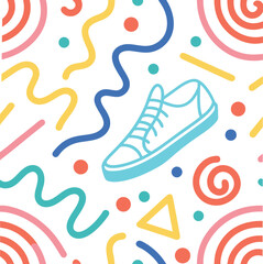 Playful Pattern of Colorful Sneakers and Geometric Shapes, A vibrant and cheerful pattern featuring a pair of light blue sneakers overlaid on a white background filled with colorful, geometric shapes