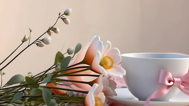 Pastel flat lay with pink ribbon tied around a white teacup, eustoma flowers, and cozy knitted scarf, symbolizing warmth, comfort, and support in breast cancer awareness efforts.