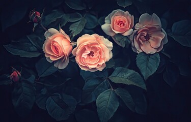 Delicate Peach Roses in Dark Garden