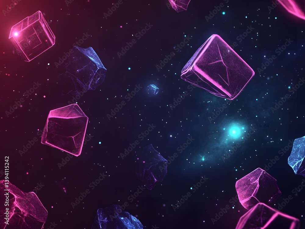 Poster transparent and glowing geometric structures float in deep space