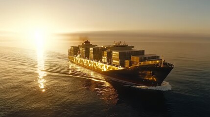 Obraz premium Cargo ship transporting stacked containers on open ocean during sunset, symbolizing global trade and economic growth, international logistics and maritime commerce.